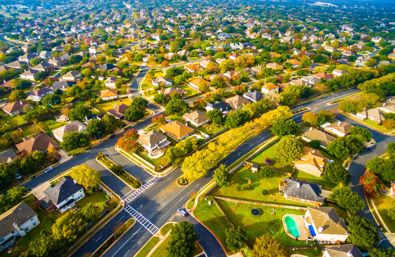 Birds Eye View Suburbia Homes Austin Texas Sunset : eCommission